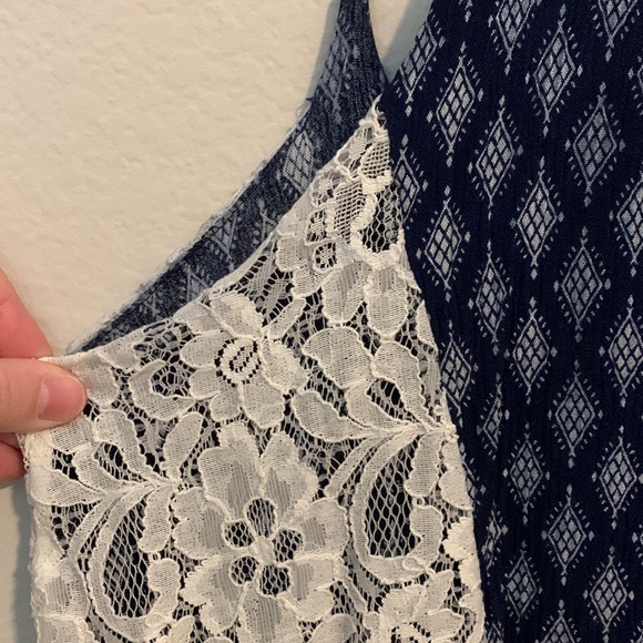 Navy blue and cream womens tank top with lace detail - Picture 2 of 4